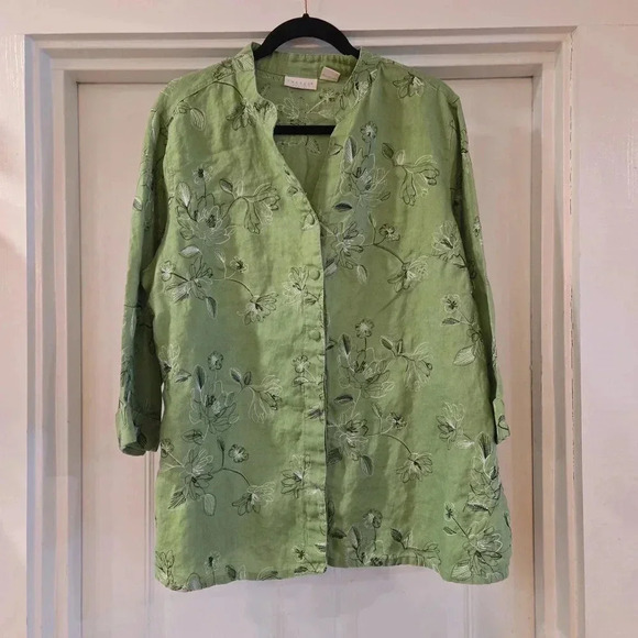 Tweeds Embroidered Floral Linen Button Down Tunic Green Womens Size 1X - Picture 1 of 12